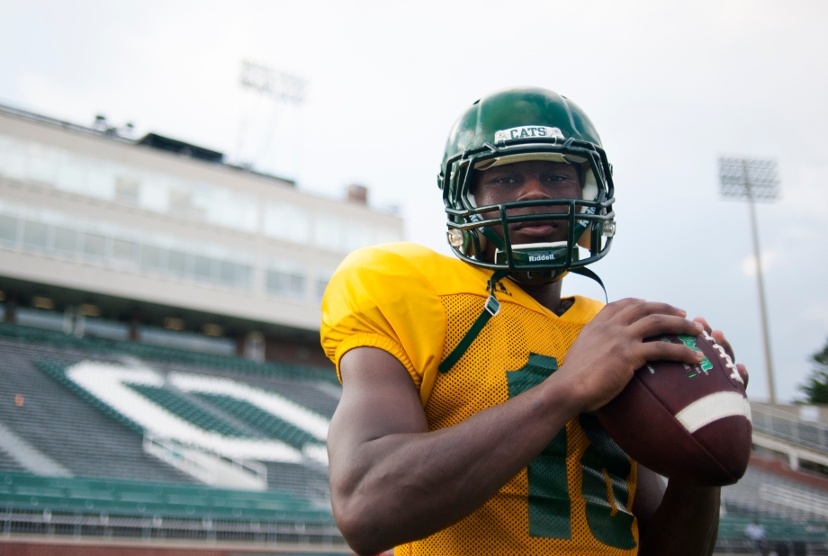 Travis Carrie, cornerback for the Ohio University football team, poses for a portrait after practice at Peden Stadium on August 28, 2013. Carrie was redshirted last season after injuring his shoulder and a 6-month recovery from surgery and is starting in the Ohio vs. Louisville game this Saturday, September 1. (Emily Harger | Staff Photographer)