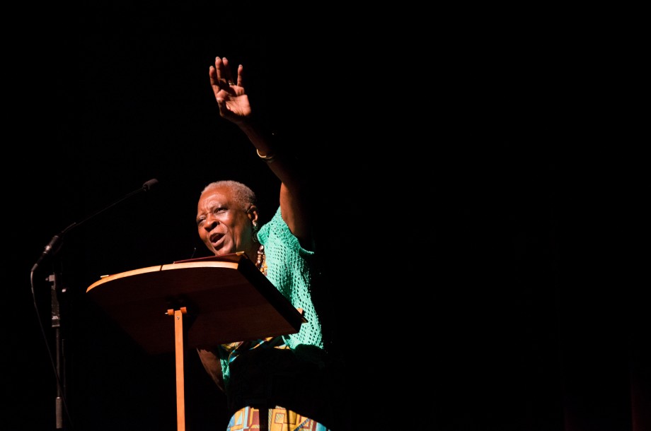 Francine Childs, an Ohio University professor in the Department of African American Studies, raises her arm as she speaks of her experiences 50 years ago on August 28, 2013 in the Templeton Blackburn Alumni Memorial Auditorium in Athens, OH.